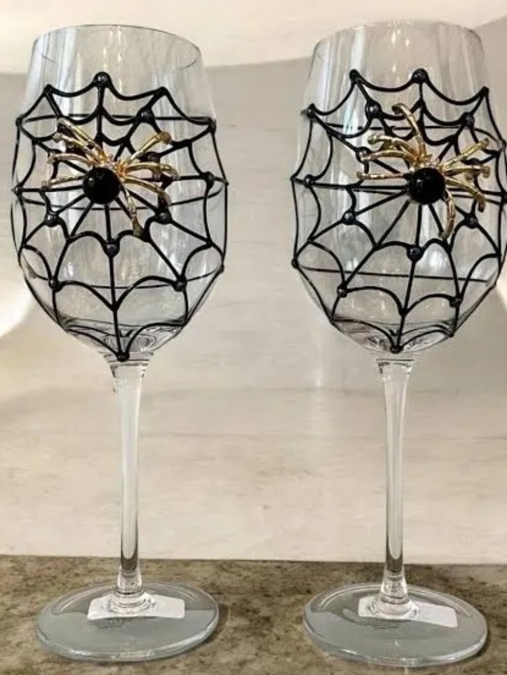 Set of 2 Metal/glass Spider & Web Wine Glasses